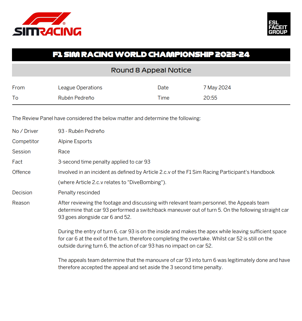 2023-24 Round 8 Race Appeal No 470 – Car 93
